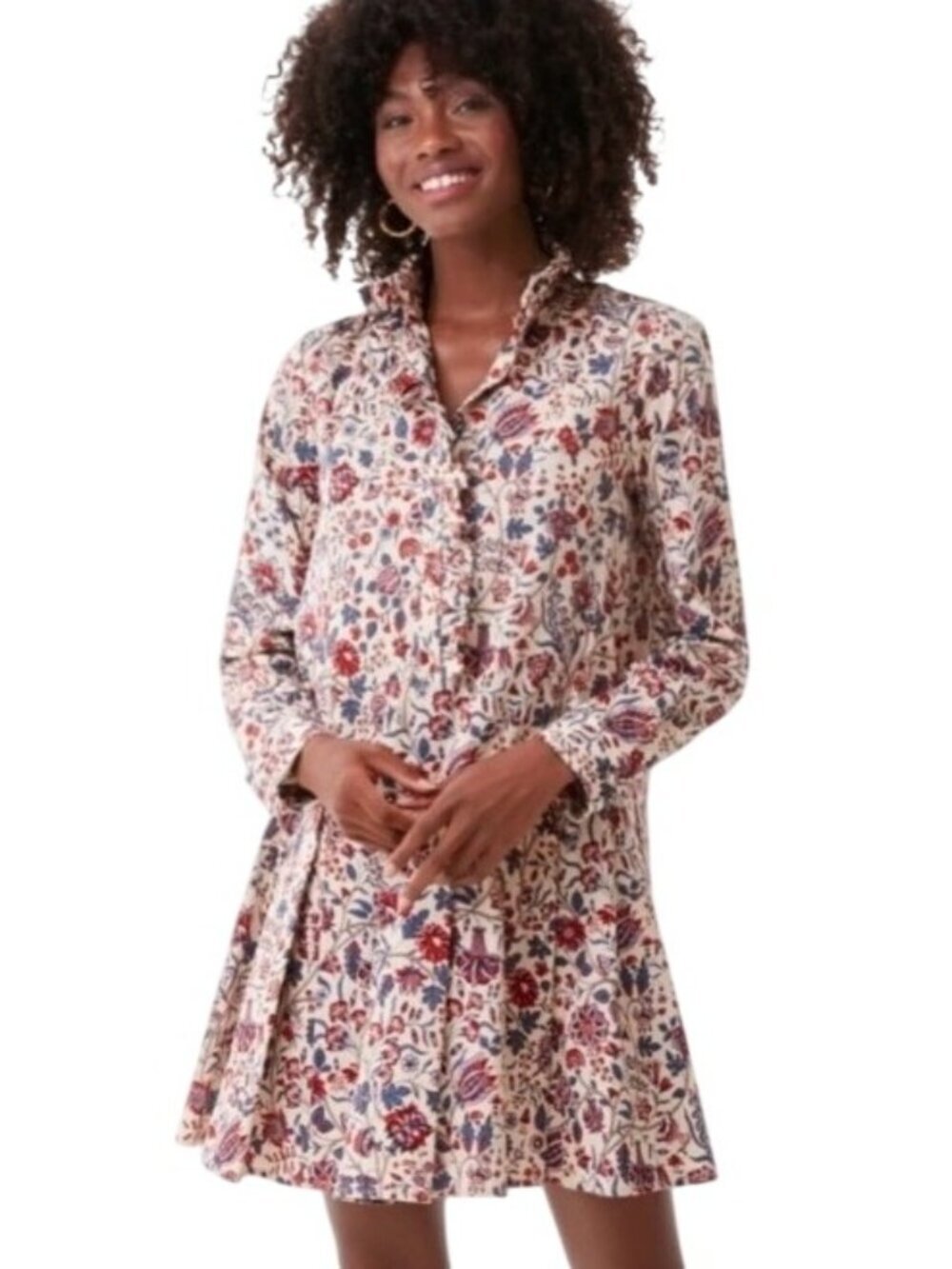 Tuckernuck Indigo Chintz Floral Tate Dress Ruffle Collar Long Sleeve Small cotto